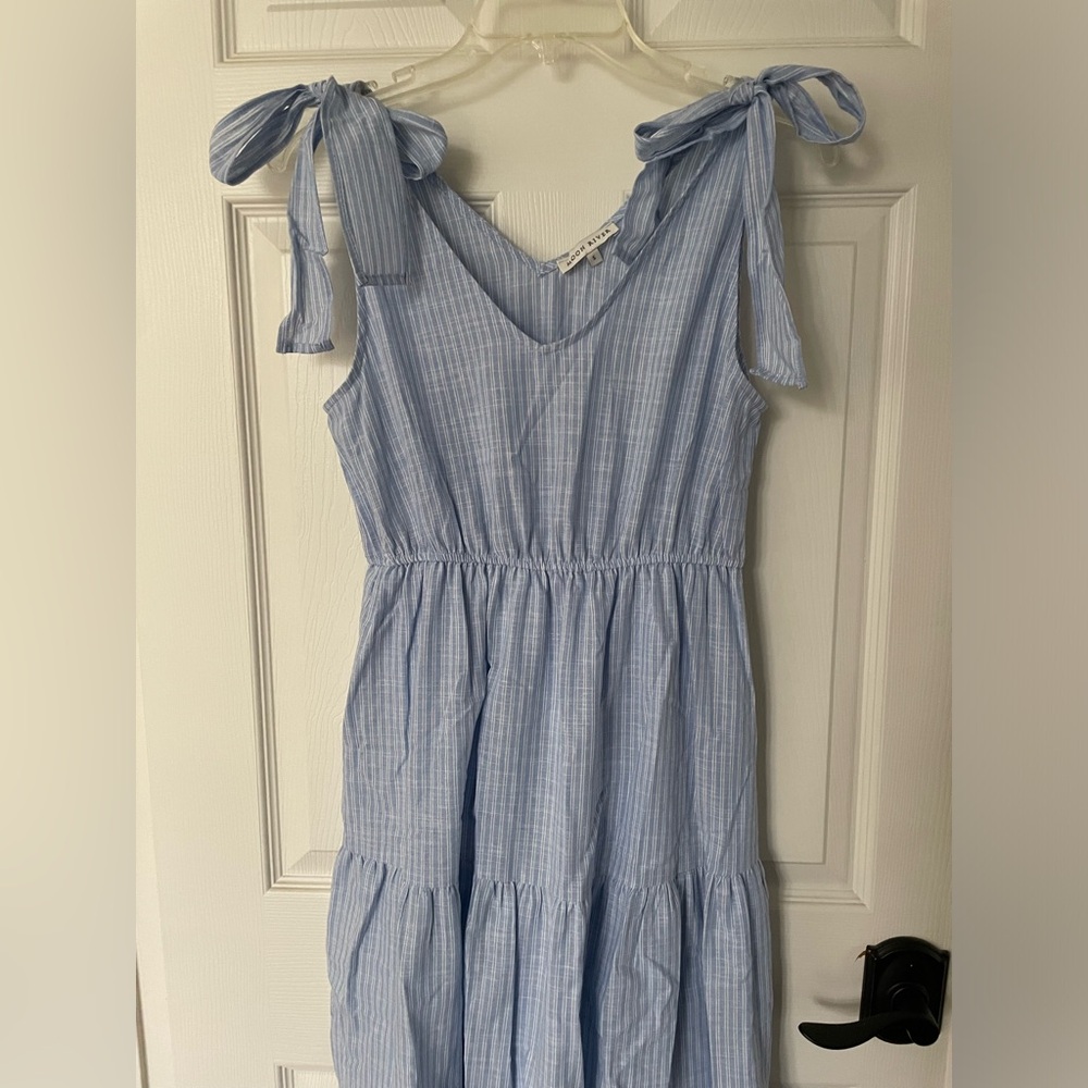 S: Moon River Cotton A-Line Dress Blue/White PinStriped Tiered V neck NWOT new! - Picture 4 of 10